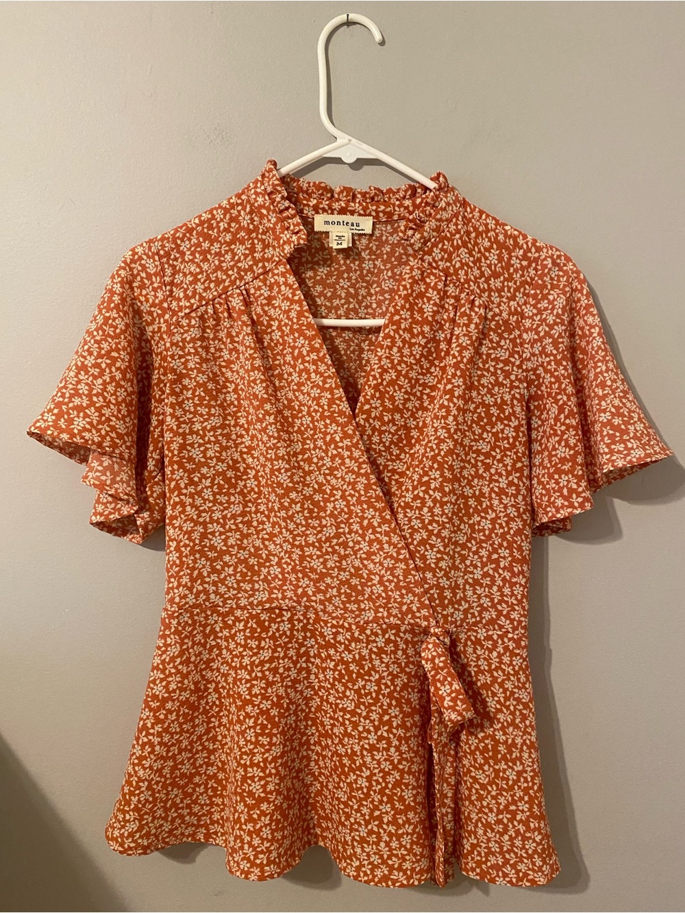 Monteau Rust Orange Floral Faux Wrap Top M